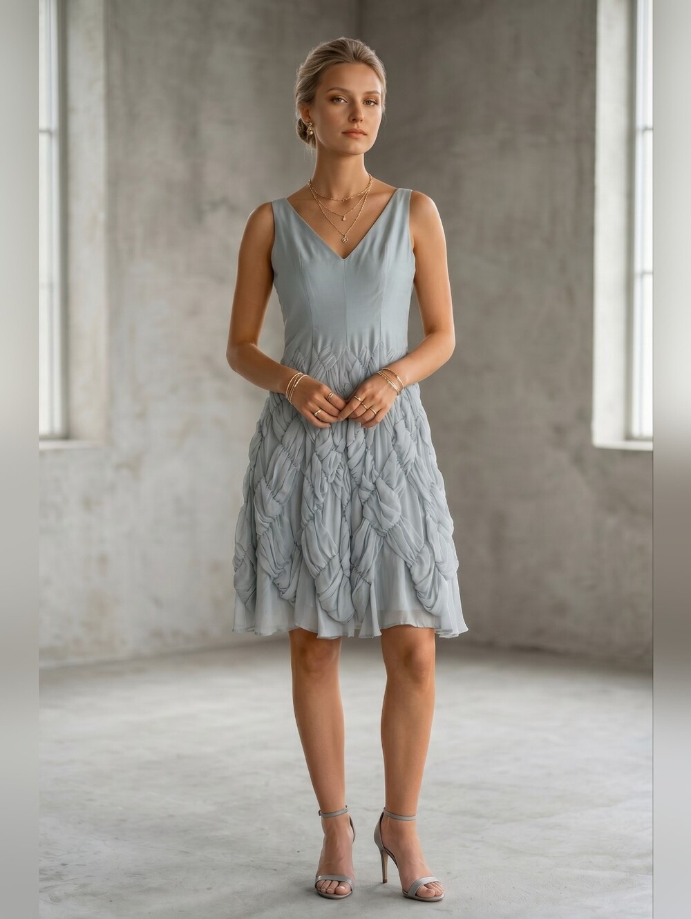 J. Peterman 100% Silk Ruched Textured Skirt V-Neck Cocktail Dress Size Sage